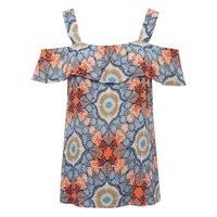 Women\'s Ladies orange and blue tile print cold shoulder chunky strap pull on summer cami top