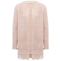 Women\'s Ladies pink open front longline fringe hem textured knit long sleeve cardigan