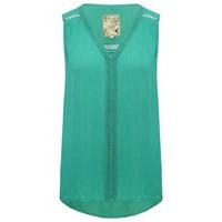 Women\'s Ladies sleeveless v-neck crochet trim dipped hem jersey casual summer top
