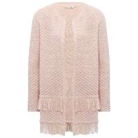 Women\'s Ladies pink open front longline fringe hem textured knit long sleeve cardigan