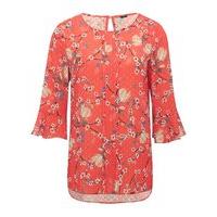 Women\'s Ladies 3/4 sleeve flute detail chiffon overlay summer floral print dobby pattern blouse