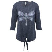 Women\'s Ladies 3/4 Sleeve soft jersey casual tie front dragonfly design everyday top
