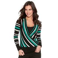 Women\'s Ladies wrap over style green stripe colour block long sleeve v neck jumper