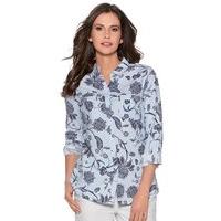 Women\'s Ladies blue three quarter length tabbed sleeve floral print linen blend shirt