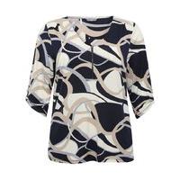 Women\'s Ladies Plus size jersey tabbed three quarter length sleeve v-neck swirl print zip front shirt