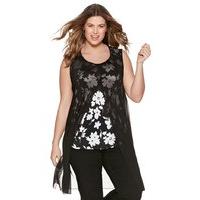 Women\'s Ladies Plus size sleeveless longline floral mesh split overlay casual tunic top