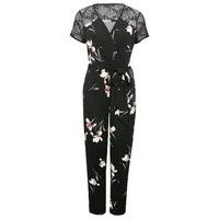 Women\'s Ladies Petite size short sleeve lace panel tie waist tapered floral print wrap jumpsuit