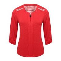 Women\'s Petite ladies red three quarter length sleeve crochet trim cut out panel shirt