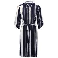 Women\'s Ladies 3/4 sleeve stripe print tie waist button front formal shirt dress