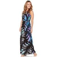 Women\'s Ladies black full length sleeveless tie waist keyhole fasten tropical leaf print maxi dress