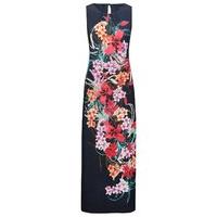 Women\'s Ladies multi colour floral print pleat neck side split sleeveless maxi dress