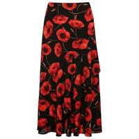 Women\'s Ladies high waist midi length floral Poppy print ruffle frill skirt