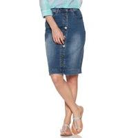 Women\'s Ladies cotton knee length high waisted mid wash denim button front a-line skirt