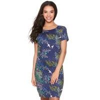 Women\'s Ladies Petite size knee length short sleeve floral bird print shift dress