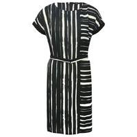 Women\'s Ladies Short Sleeve Round Neckline Monochrome Stripe Print D-ring belted shift dress