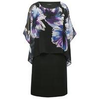 Women\'s Ladies Round Neck Slit Sleeve Sheer Floral Print Chiffon layer Shift dress