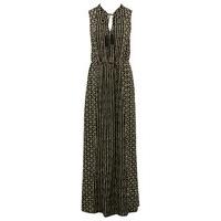 Women\'s Ladies viscose black sleeveless ikat print elasticated waist tassel tie neck maxi dress