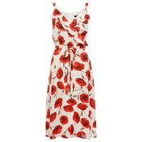 Women\'s Ladies red poppy print wrap over knee length frill front sleeveless tie waist dress