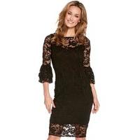 Women\'s Ladies black lace frill sleeve flora sheer panel bodycon italian collection party dress