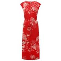 Women\'s Ladies bright red oriental print capped sleeves tie front pleat neck holiday midi dress