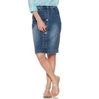 womens ladies cotton knee length high waisted mid wash denim button fr ...