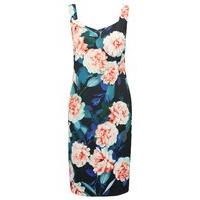 Women\'s Ladies knee length sleeveless diamond v neck Floral print satin shift dress