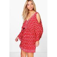 Woven Border Print Open Shoulder Dress - red