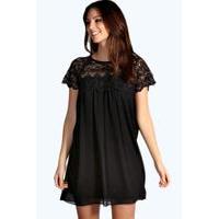 Woven Crochet Lace Shoulder Swing Dress - black