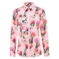 womens pink floral semi fitted cotton stretch shirt single cuff