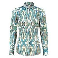 Women\'s Blue and White Paisley Design Fitted Satin Shirt - Single Cuff