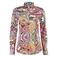 Women\'s Yellow & Pink Paisley Design Fitted Satin Shirt - Single Cuff