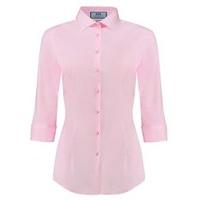 Women\'s Pink Fitted 3 Quarter Sleeve Cotton Shirt - Low Collar