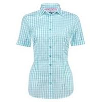 womens turquoise white check fitted short sleeve cotton shirt low coll ...