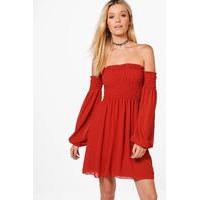 Woven Off The Shoulder Shift Dress - rust