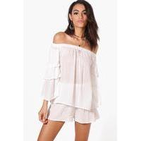 Woven Off The Shoulder Frill Crop & Short Co-Ord - cream