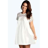 Woven Crochet Lace Shoulder Swing Dress - ivory