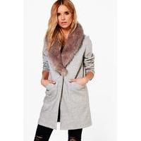 Wool Look Faux Fur Collar Coat - grey