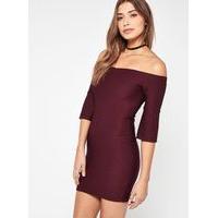 womens petite bardot flute bodycon dress burgundy