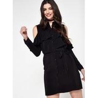 Womens Black Cold Shoulder Ruffle Dress, Black