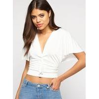 womens cream angel sleeve ruched crop top cream