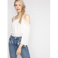 Womens Ivory Lace Cold Shoulder Top, white