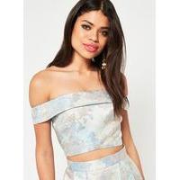 womens premium jacquard bardot crop top blue