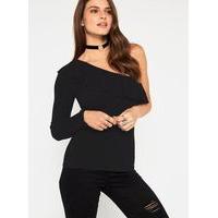 Womens Black One Shoulder Frill Knitted Top, Black