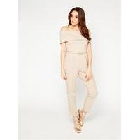 Womens Mink Deep Bardot Belt Jumpsuit, Mink