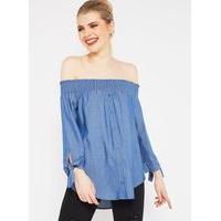 Womens Chambray Button Front Bardot Top, Blue