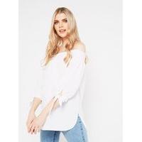 Womens Ivory Tie Poplin Bardot Tunic Top, White