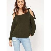 womens petite tie cold shoulder knitted jumper khaki