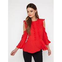 Womens Red Frill Front Cold Shoulder Blouse, RED