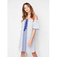 womens blue embroidered panel chambray dress blue