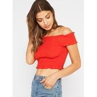 womens red shirred bardot crop top red